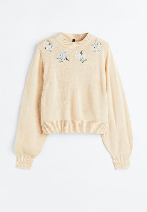 H&M - Embroidered jumper - light beige/flowers