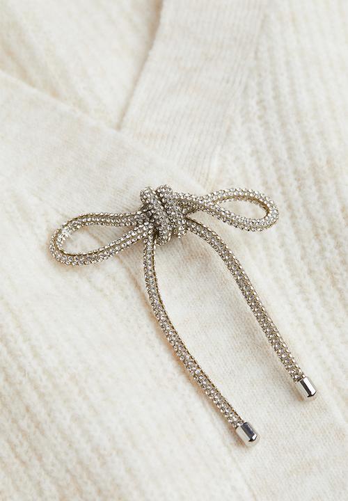 H&M - Rhinestone-bow rib-knit cardigan - cream