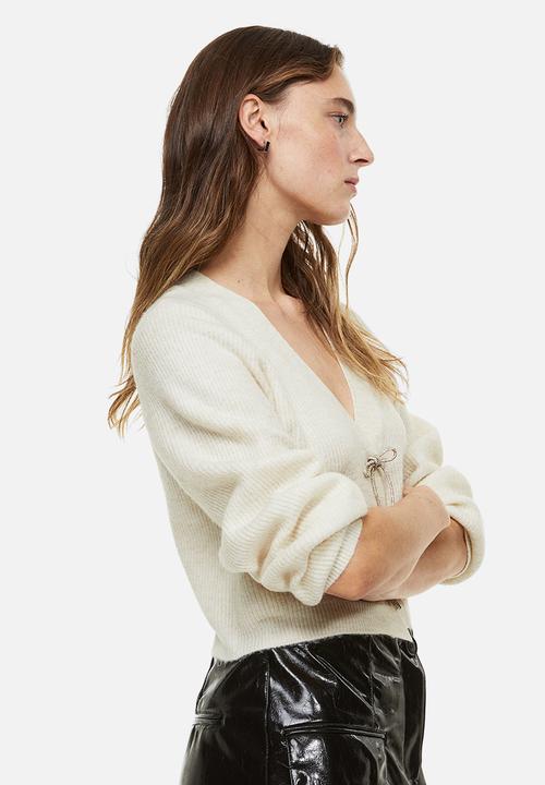 H&M - Rhinestone-bow rib-knit cardigan - cream