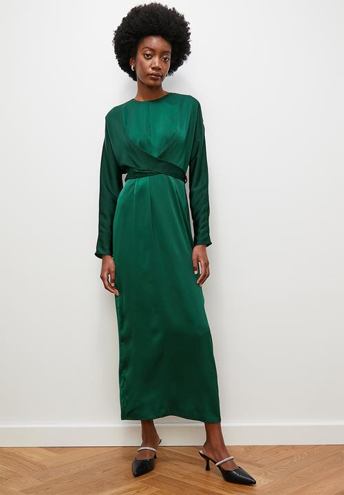 Satin wrap midi dress - bottle green