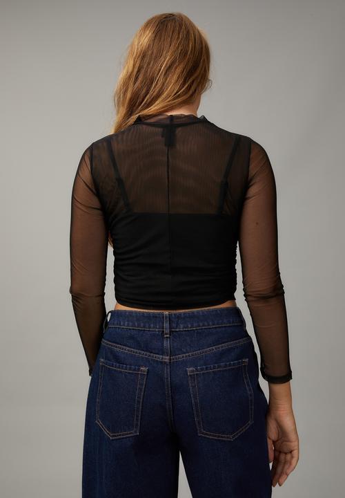 Factorie - Cropped mesh long sleeve top - black