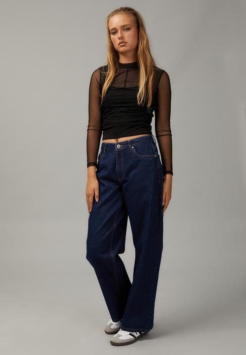 Factorie - Cropped mesh long sleeve top - black