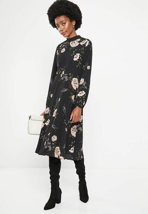 Stella Morgan - Flower prinnted long sleeve dress - black