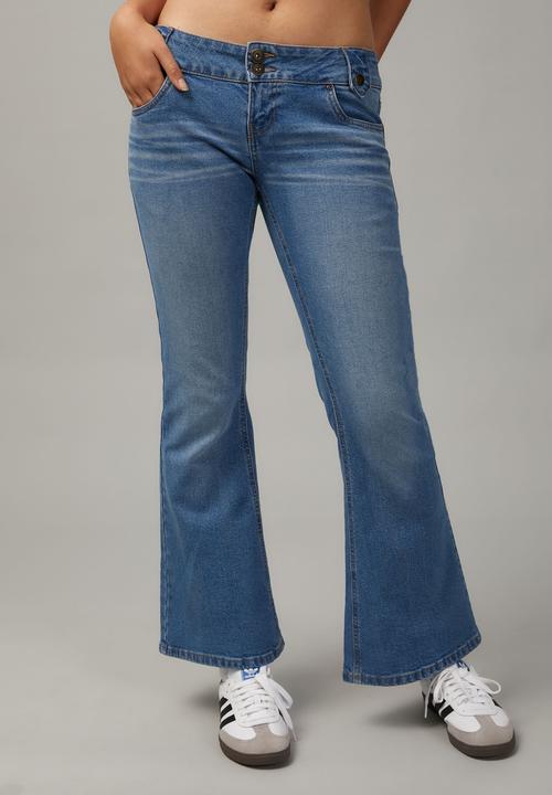 Factorie - Low rise kick flare jean - mid blue/heavy whiskers