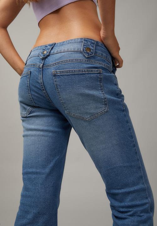 Factorie - Low rise kick flare jean - mid blue/heavy whiskers