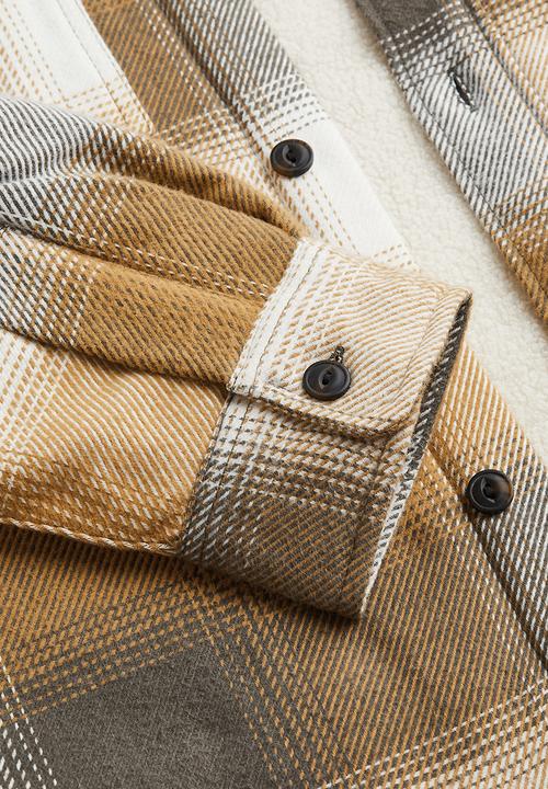 H&M - Regular fit teddy-lined overshirt - dark beige/checked