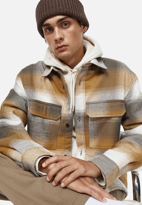 H&M - Regular fit teddy-lined overshirt - dark beige/checked
