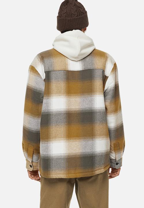 H&M - Regular fit teddy-lined overshirt - dark beige/checked