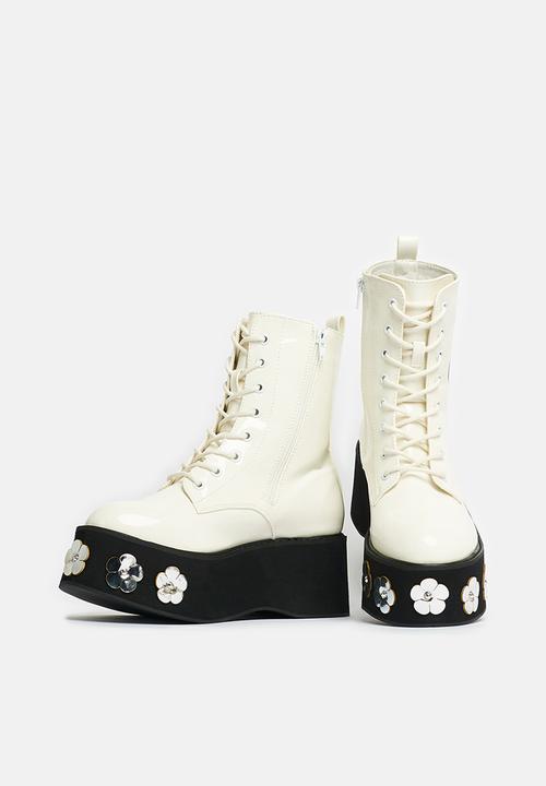Koi Footwear - Silent screams platform boot - white flowers