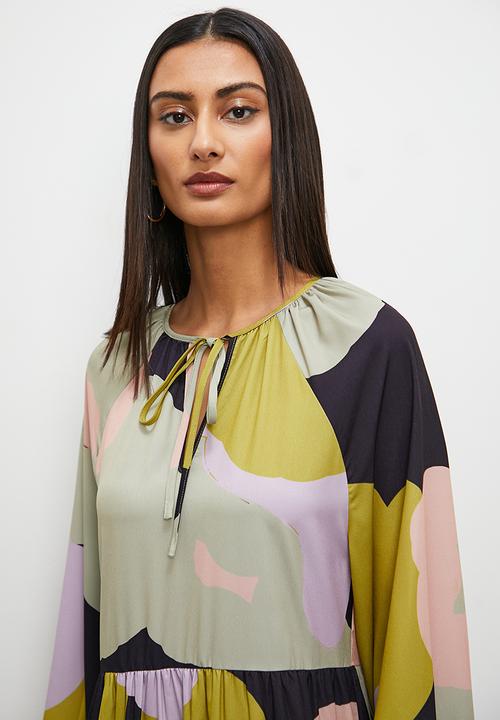Superbalist - Tiered dress with ties - lime abstract floral