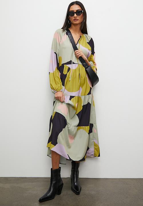 Superbalist - Tiered dress with ties - lime abstract floral