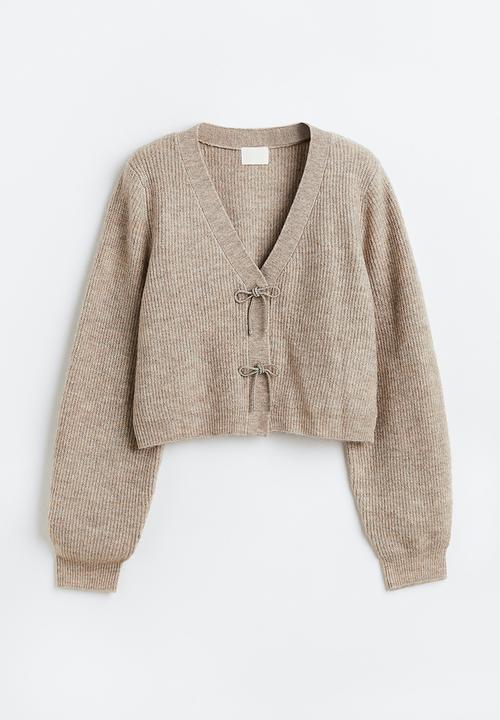 H&M - Rhinestone-bow rib-knit cardigan - greige