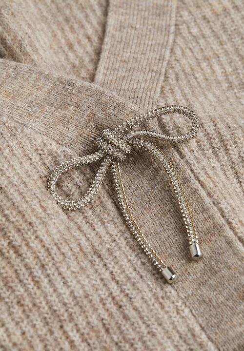 H&M - Rhinestone-bow rib-knit cardigan - greige