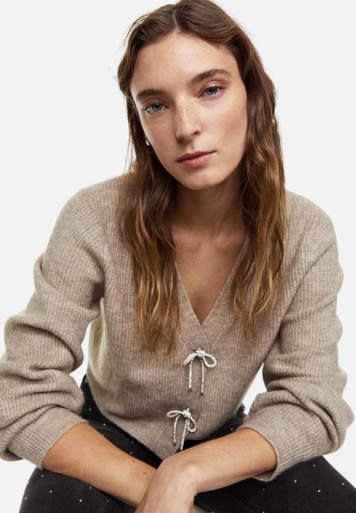 H&M - Rhinestone-bow rib-knit cardigan - greige