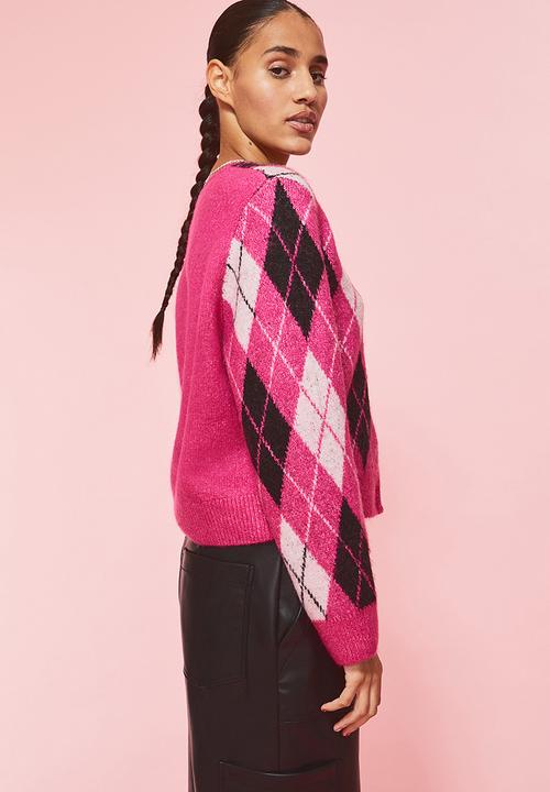 H&M - Knitted cardigan - cerise/argyle-patterned