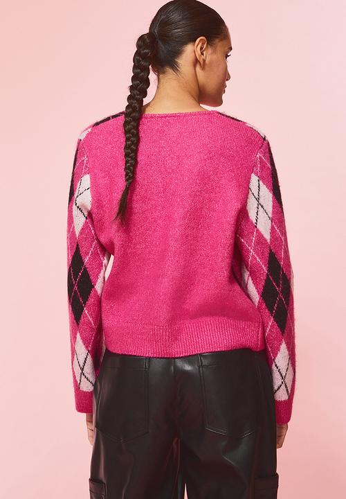 H&M - Knitted cardigan - cerise/argyle-patterned