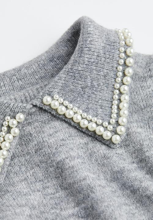 H&M - Beaded-collar jumper - light grey marl/beads