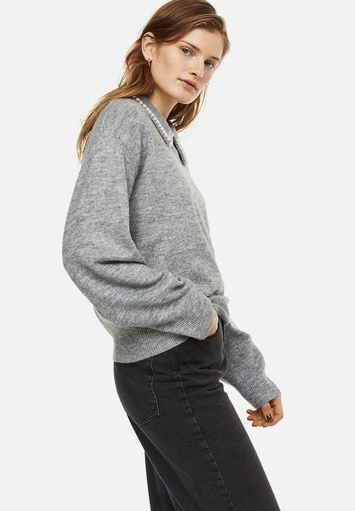 H&M - Beaded-collar jumper - light grey marl/beads
