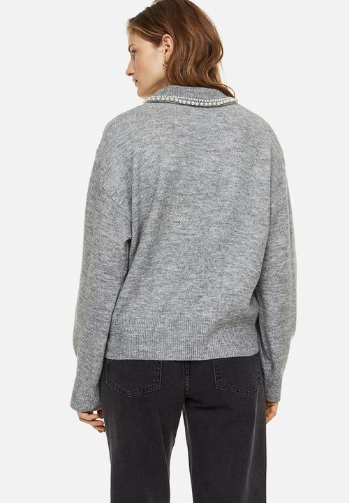 H&M - Beaded-collar jumper - light grey marl/beads