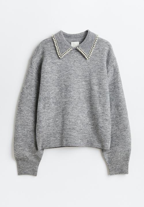 H&M - Beaded-collar jumper - light grey marl/beads