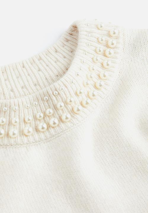 H&M - Beaded knitted dress - light beige/beads