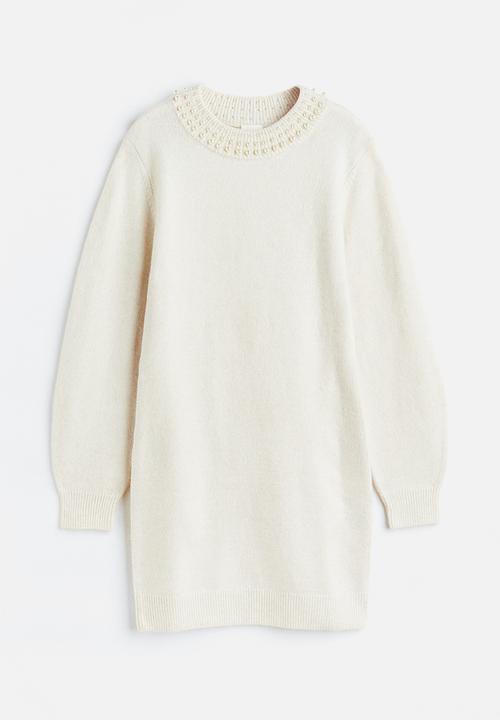 H&M - Beaded knitted dress - light beige/beads