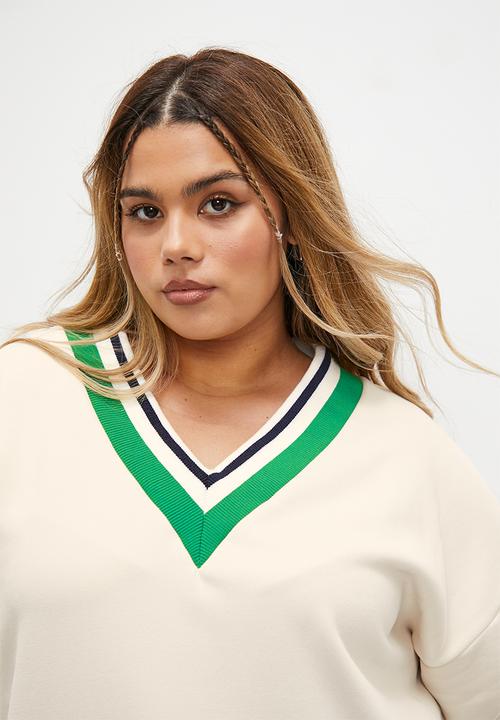 Blake - Preppy v-neck sweat midi dress - ecru & green