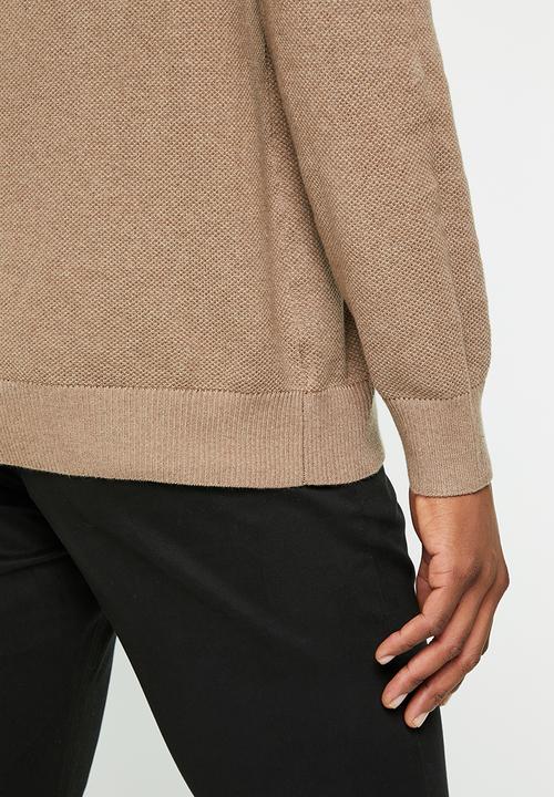 POLO - Mens textured crew knitwear - camel
