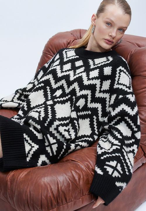 H&M - Long jacquard-knit jumper - black & white 