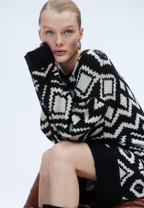 H&M - Long jacquard-knit jumper - black & white 