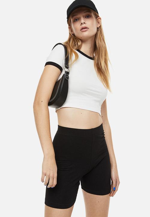 H&M - 2-pack cropped tops - black,multi,white