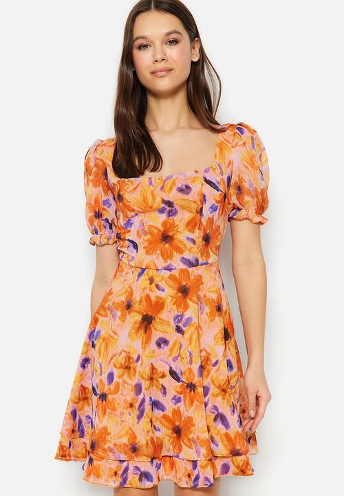 Trendyol - Square neck mini floral dress - orange