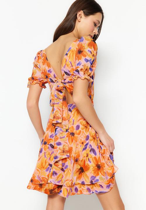 Trendyol - Square neck mini floral dress - orange
