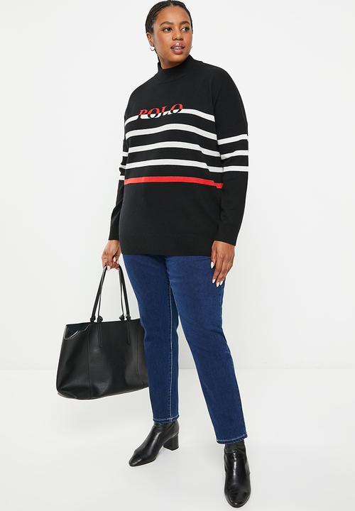 POLO - Plus women stripe branded long sleeve sweater - black