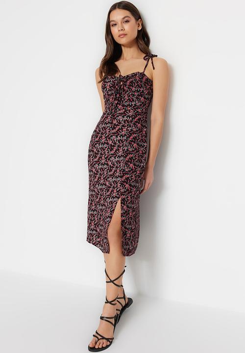 Trendyol - Tie front midi dress - black