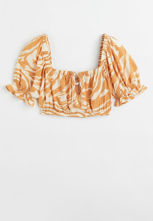 H&M - Puff-sleeved crêpe blouse - yellow/zebra print