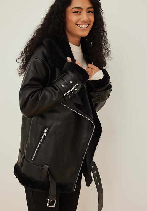 NA-KD - Teddy biker jacket - black