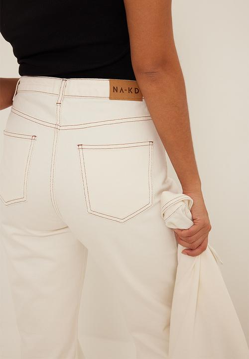 NA-KD - Contrast seam straight jeans - ecru