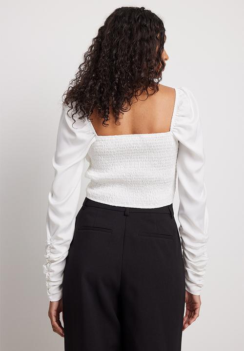 NA-KD - Gathered front long sleeve blouse - white