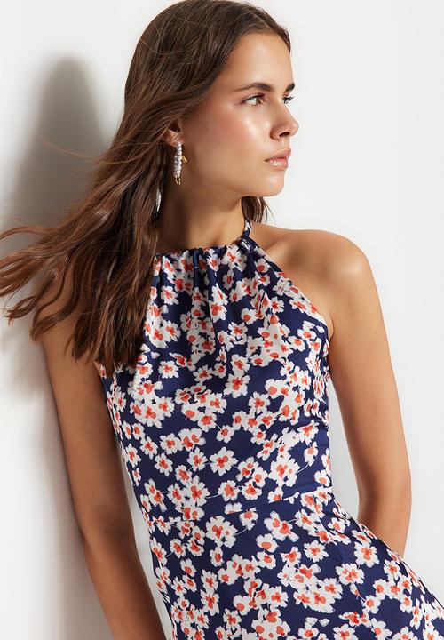 Trendyol - Floral a-line slit dress - navy