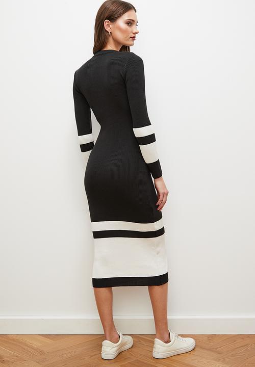edit - Border column knitwear midi dress - black & ecru