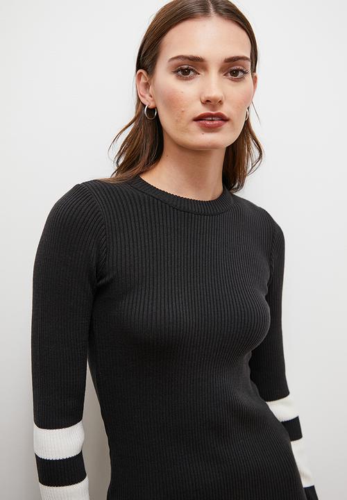 edit - Border column knitwear midi dress - black & ecru