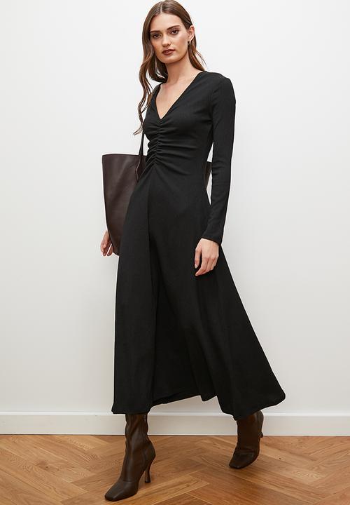 edit - Front ruched fluted midi dress - black