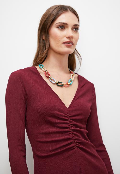 edit - Front ruched fluted midi dress - berry