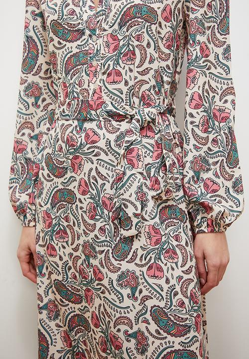 edit - Mandarin collar shirt dress with self belt - paisley
