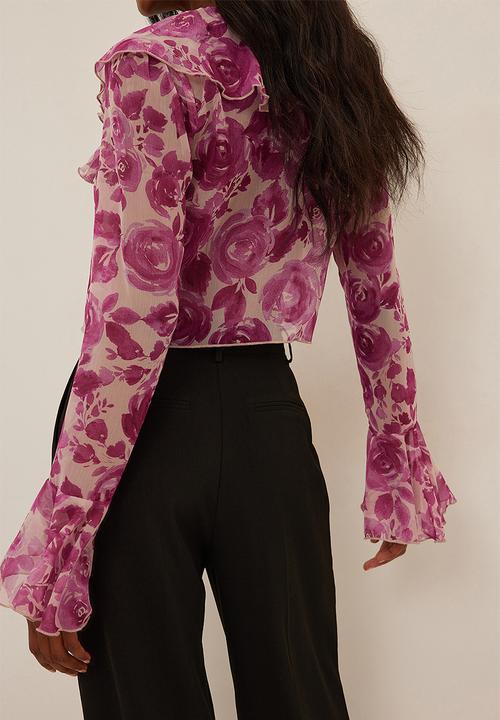 NA-KD - Tie front frill chiffon blouse - red/pink roses