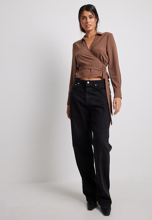 NA-KD - Tie front long sleeve blouse - brown