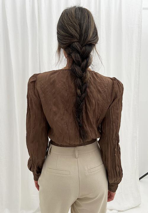 NA-KD - Wrap front structured blouse - brown