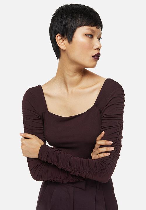 H&M - Gathered-sleeve jersey top - burgundy
