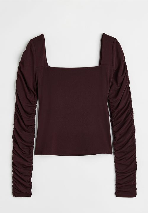 H&M - Gathered-sleeve jersey top - burgundy